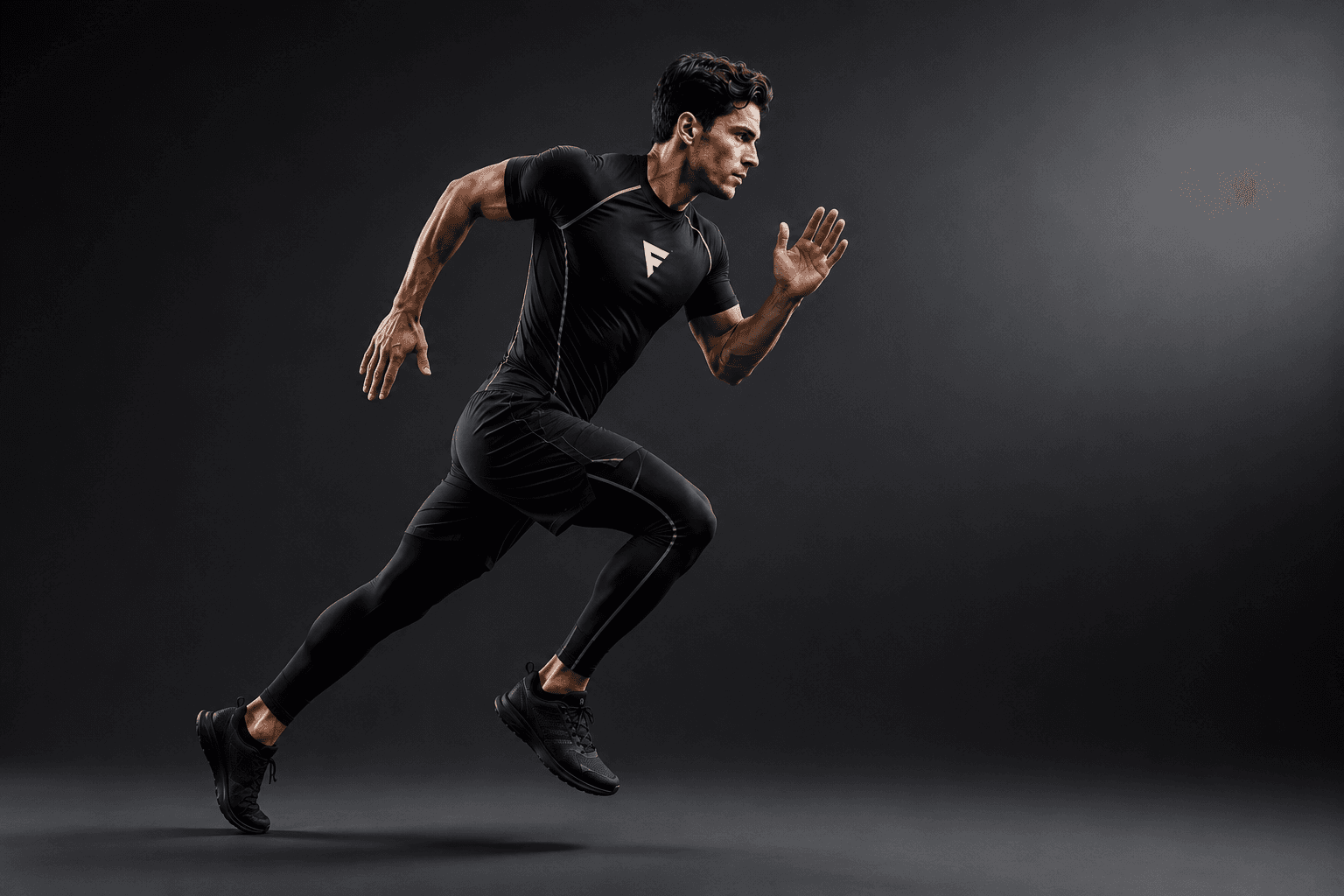 Man sprinting in the Flexter Compression Tee and matching compression leggings, black on black